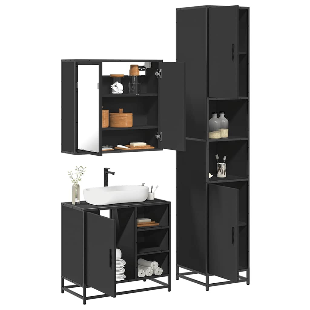 3 Piece Bathroom Furniture Set Black Engineered Wood