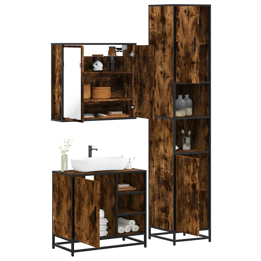 3 Piece Bathroom Furniture Set Smoked Oak Engineered Wood