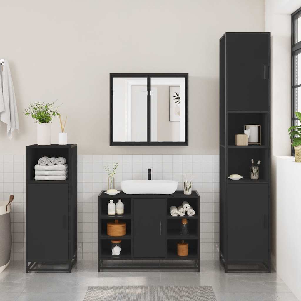 3 Piece Bathroom Furniture Set Black Engineered Wood