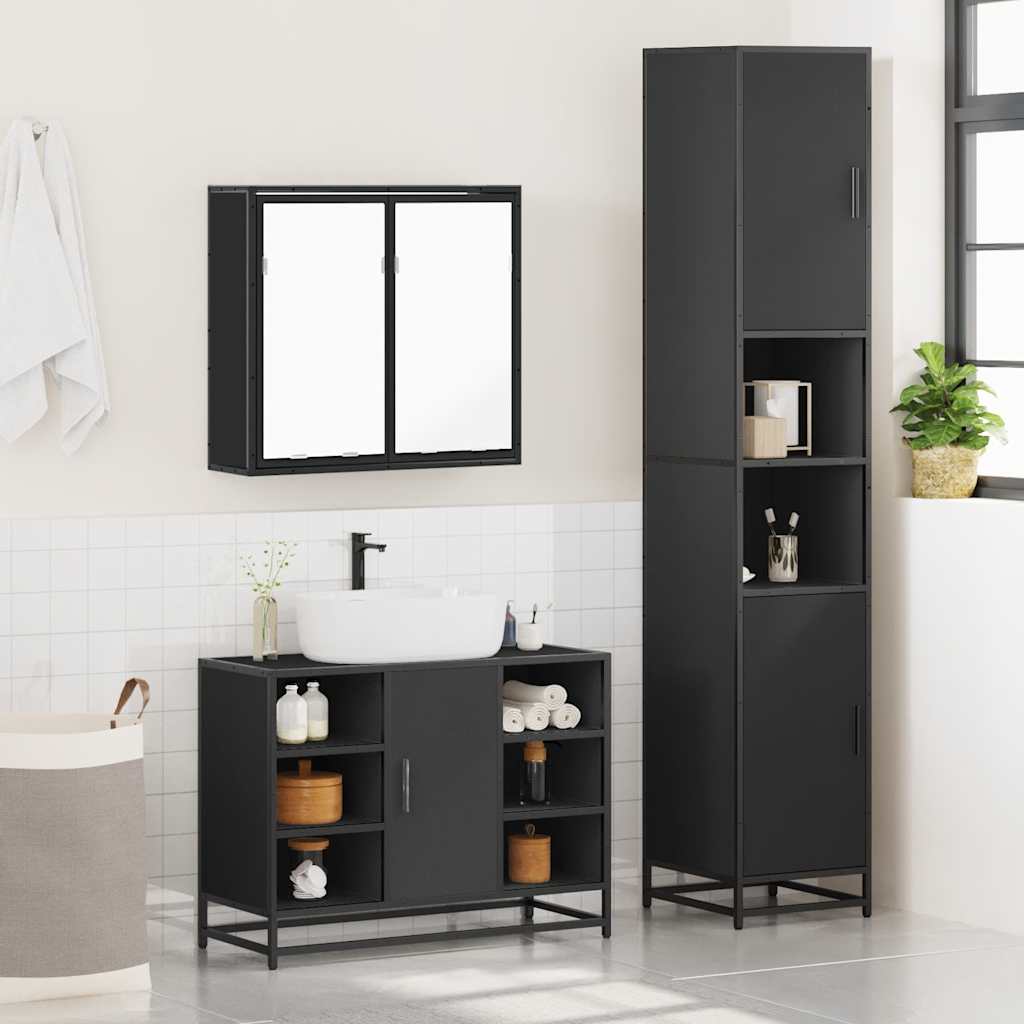 3 Piece Bathroom Furniture Set Black Engineered Wood