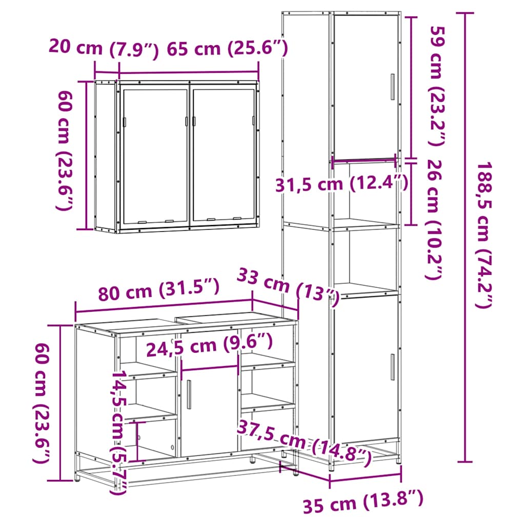 3 Piece Bathroom Furniture Set Black Engineered Wood