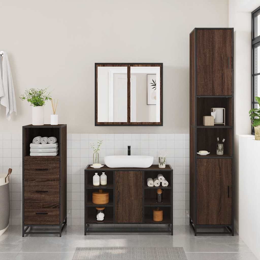 3 Piece Bathroom Furniture Set Brown Oak Engineered Wood