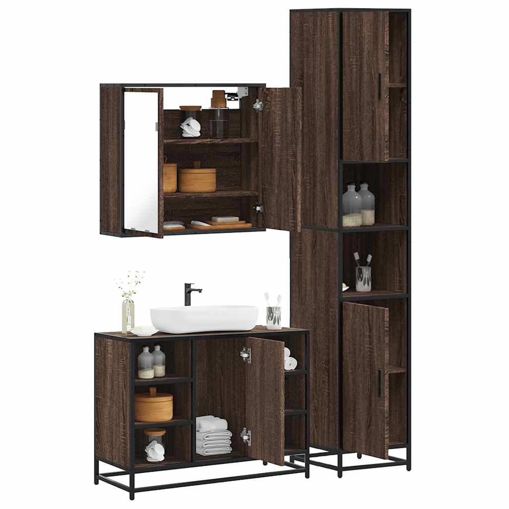 3 Piece Bathroom Furniture Set Brown Oak Engineered Wood