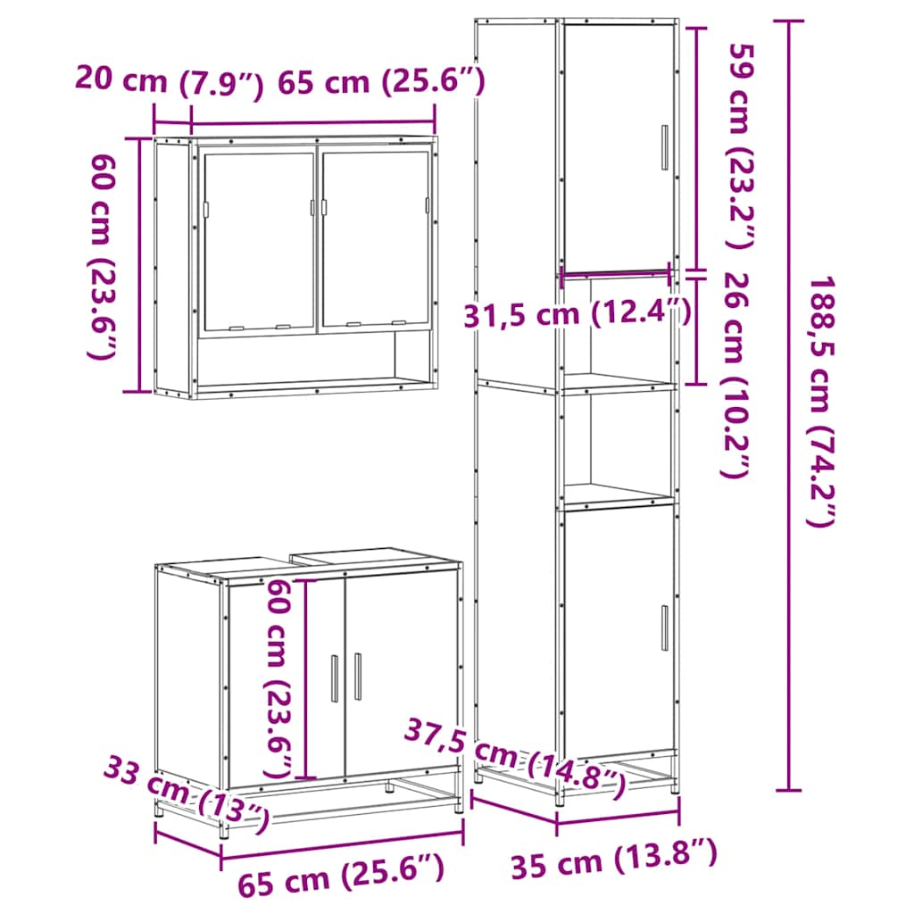 3 Piece Bathroom Furniture Set Black Engineered Wood