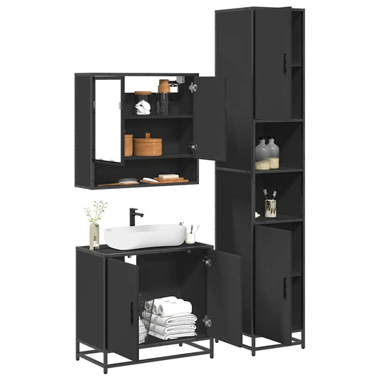 3 Piece Bathroom Furniture Set Black Engineered Wood