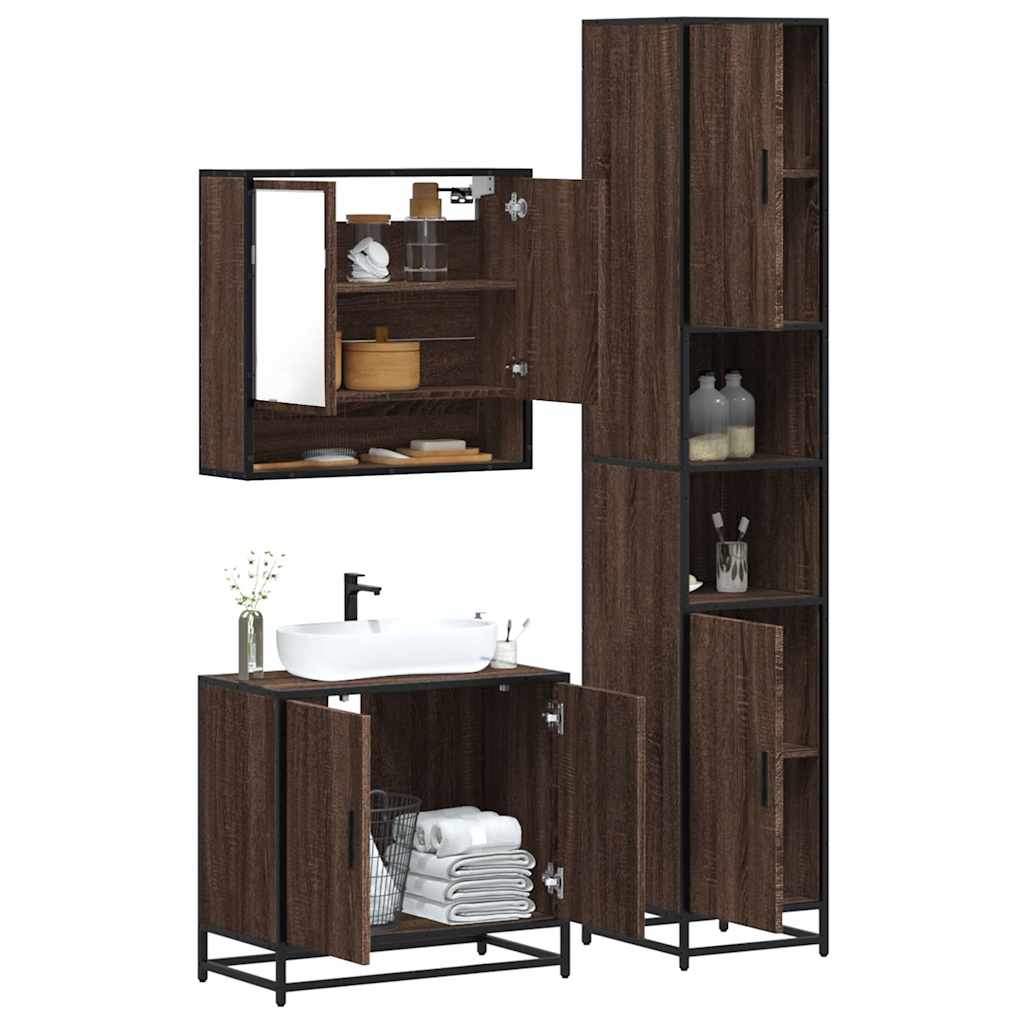 3 Piece Bathroom Furniture Set Brown Oak Engineered Wood