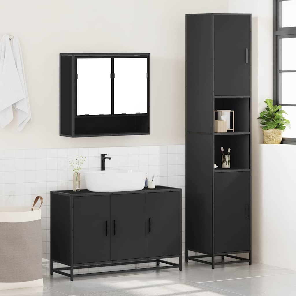 3 Piece Bathroom Furniture Set Black Engineered Wood