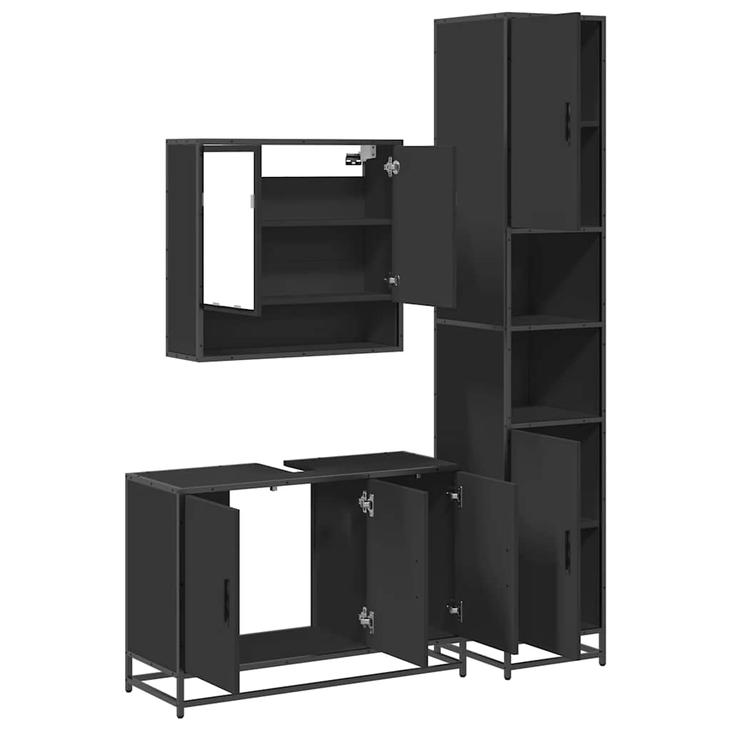 3 Piece Bathroom Furniture Set Black Engineered Wood