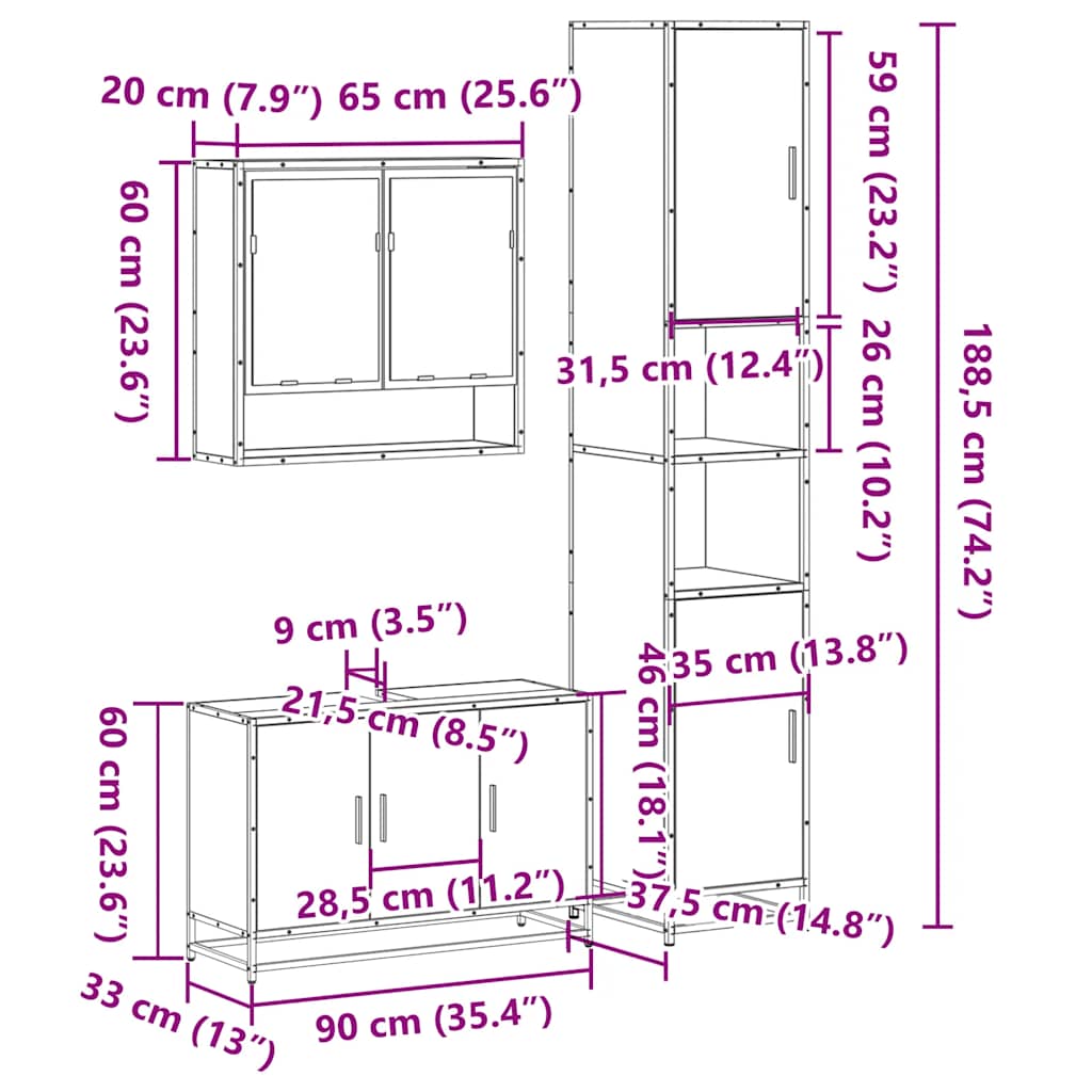 3 Piece Bathroom Furniture Set Black Engineered Wood