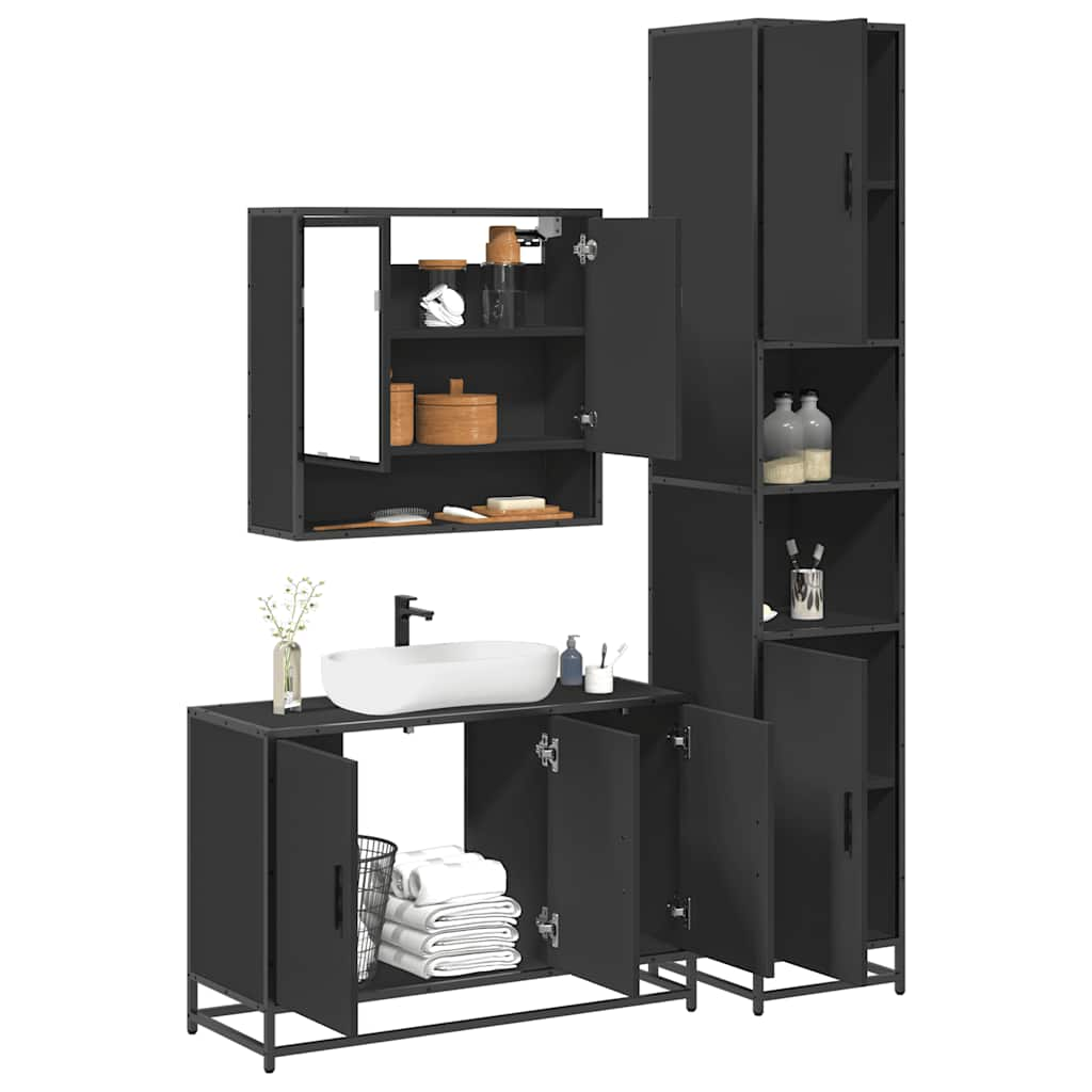 3 Piece Bathroom Furniture Set Black Engineered Wood