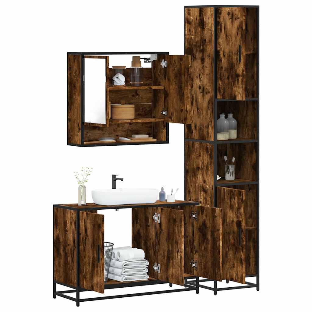 3 Piece Bathroom Furniture Set Smoked Oak Engineered Wood