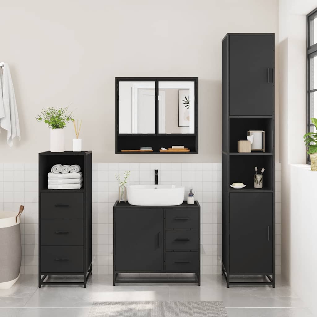 3 Piece Bathroom Furniture Set Black Engineered Wood