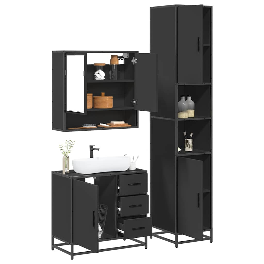 3 Piece Bathroom Furniture Set Black Engineered Wood