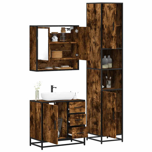 3 Piece Bathroom Furniture Set Smoked Oak Engineered Wood