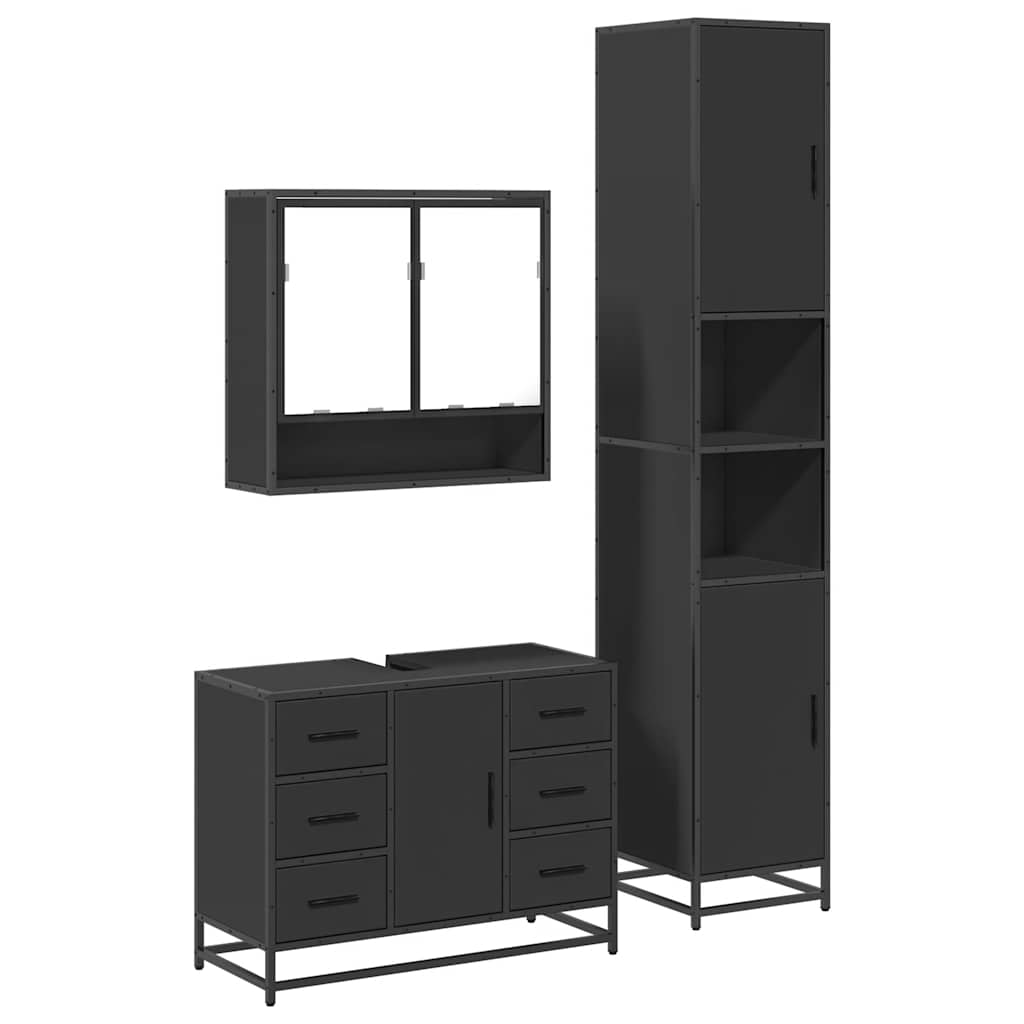 3 Piece Bathroom Furniture Set Black Engineered Wood