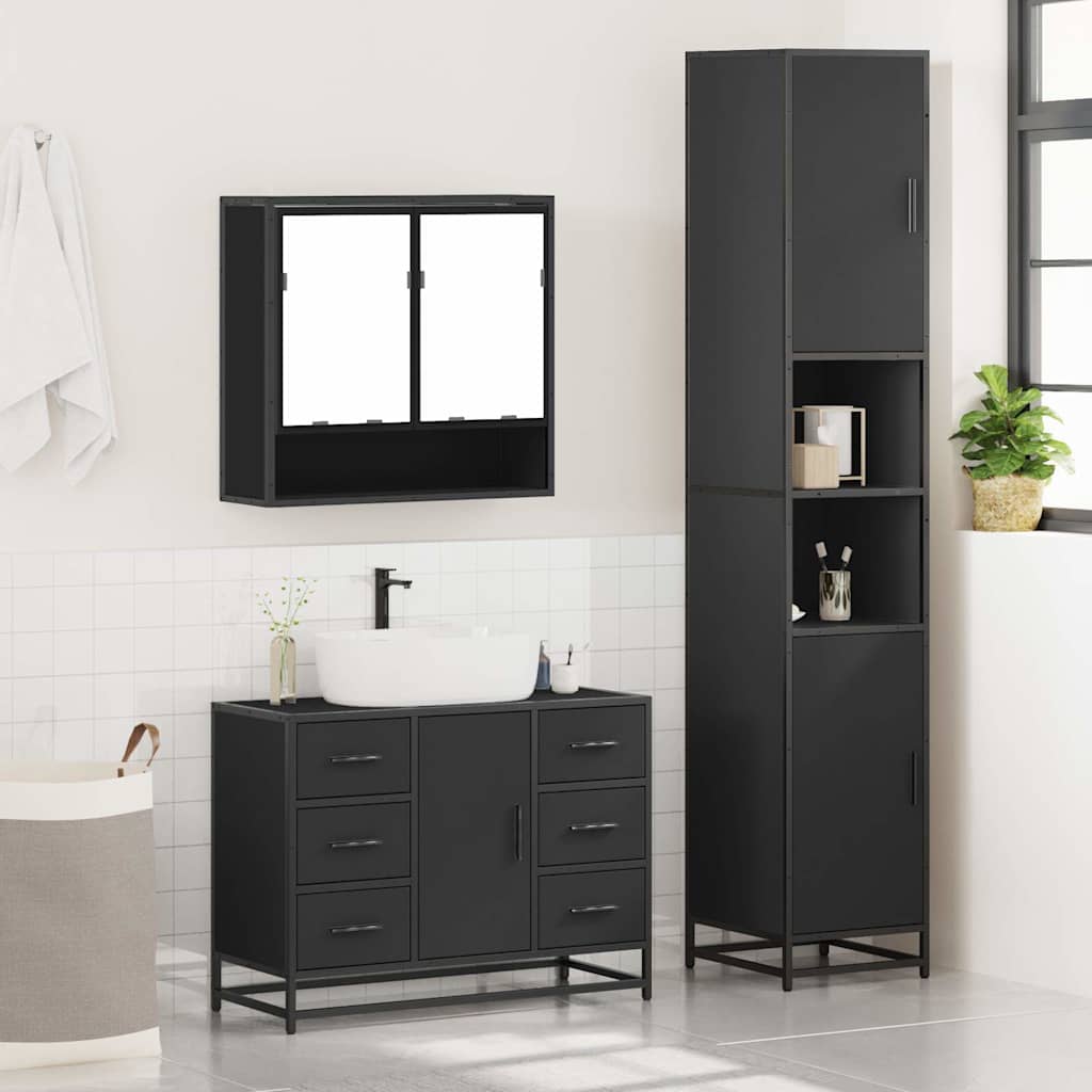 3 Piece Bathroom Furniture Set Black Engineered Wood