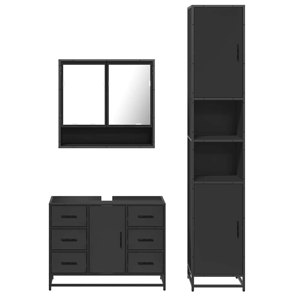 3 Piece Bathroom Furniture Set Black Engineered Wood