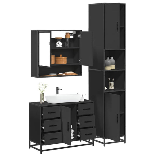 3 Piece Bathroom Furniture Set Black Engineered Wood