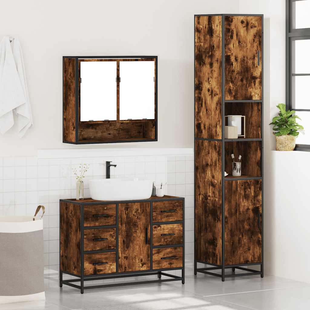 3 Piece Bathroom Furniture Set Smoked Oak Engineered Wood