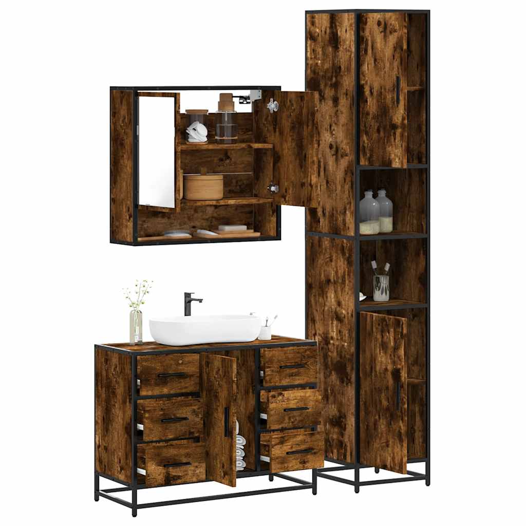 3 Piece Bathroom Furniture Set Smoked Oak Engineered Wood