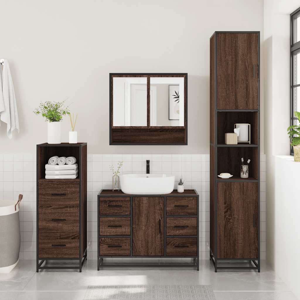 3 Piece Bathroom Furniture Set Brown Oak Engineered Wood