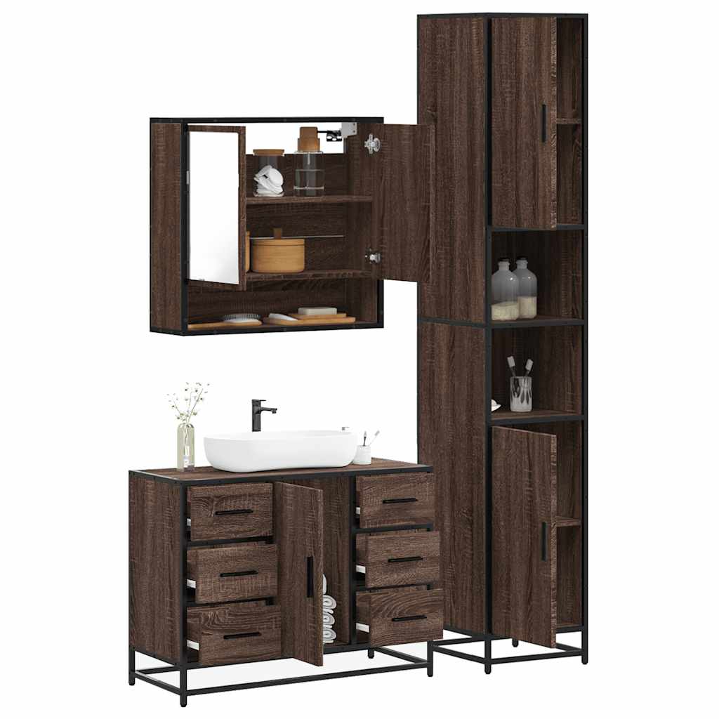 3 Piece Bathroom Furniture Set Brown Oak Engineered Wood