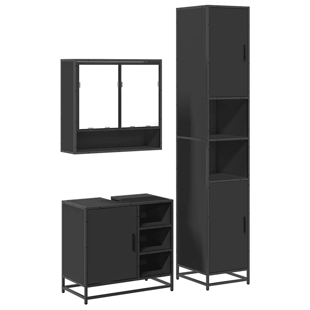 3 Piece Bathroom Furniture Set Black Engineered Wood