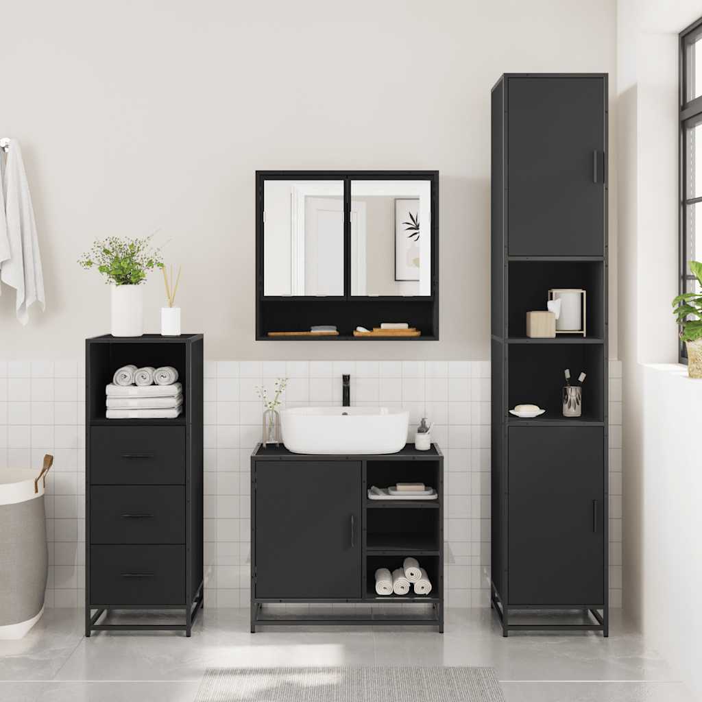 3 Piece Bathroom Furniture Set Black Engineered Wood