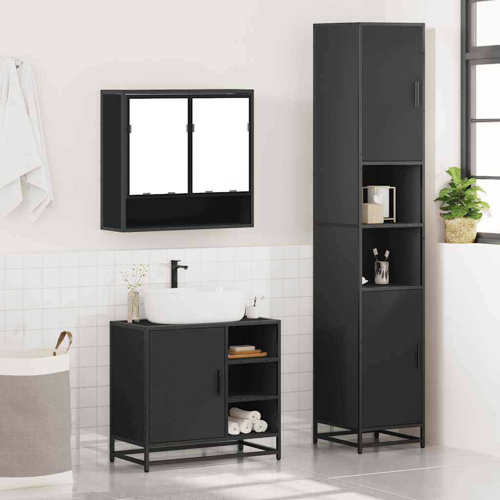 3 Piece Bathroom Furniture Set Black Engineered Wood