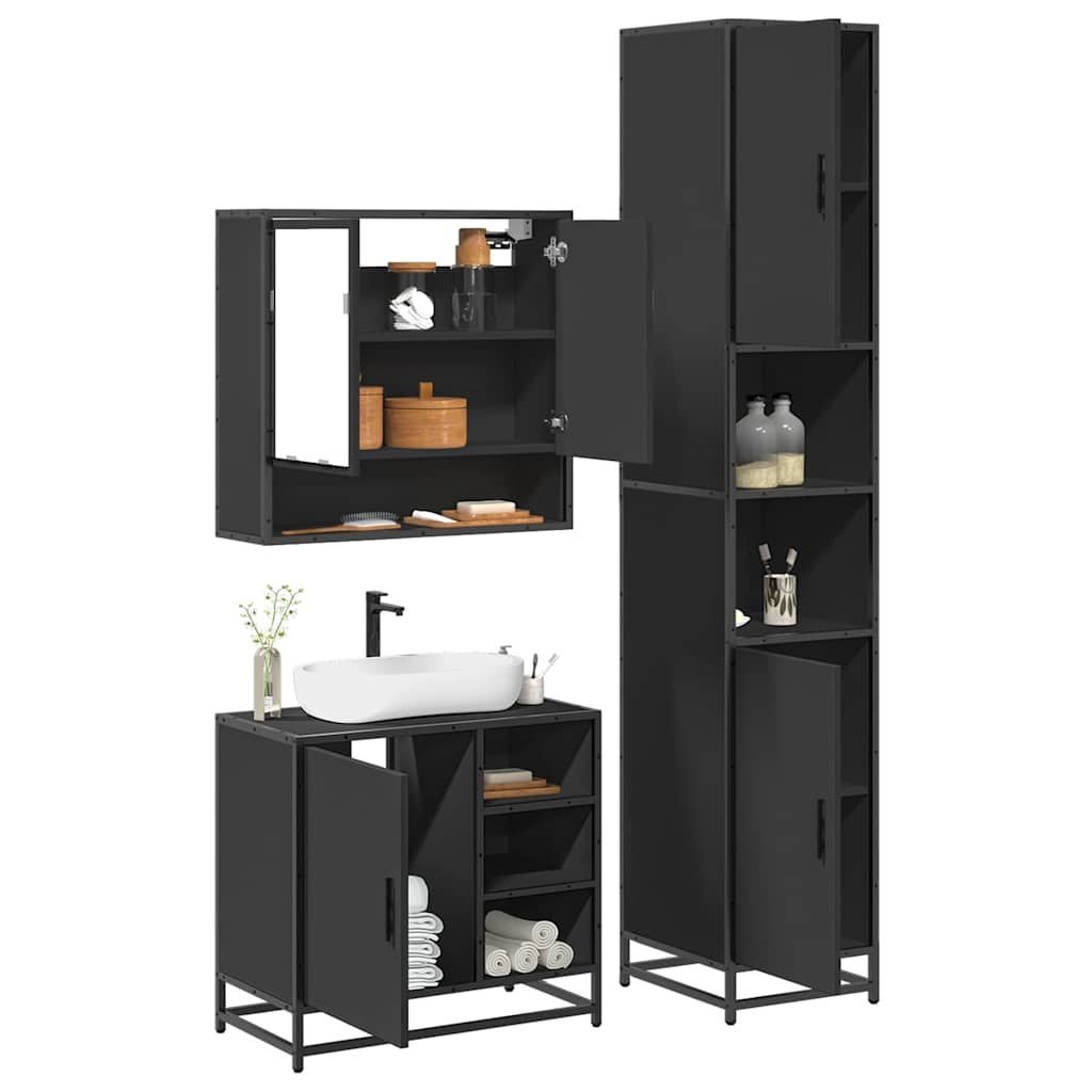 3 Piece Bathroom Furniture Set Black Engineered Wood