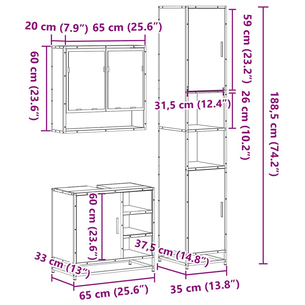 3 Piece Bathroom Furniture Set Sonoma Oak Engineered Wood