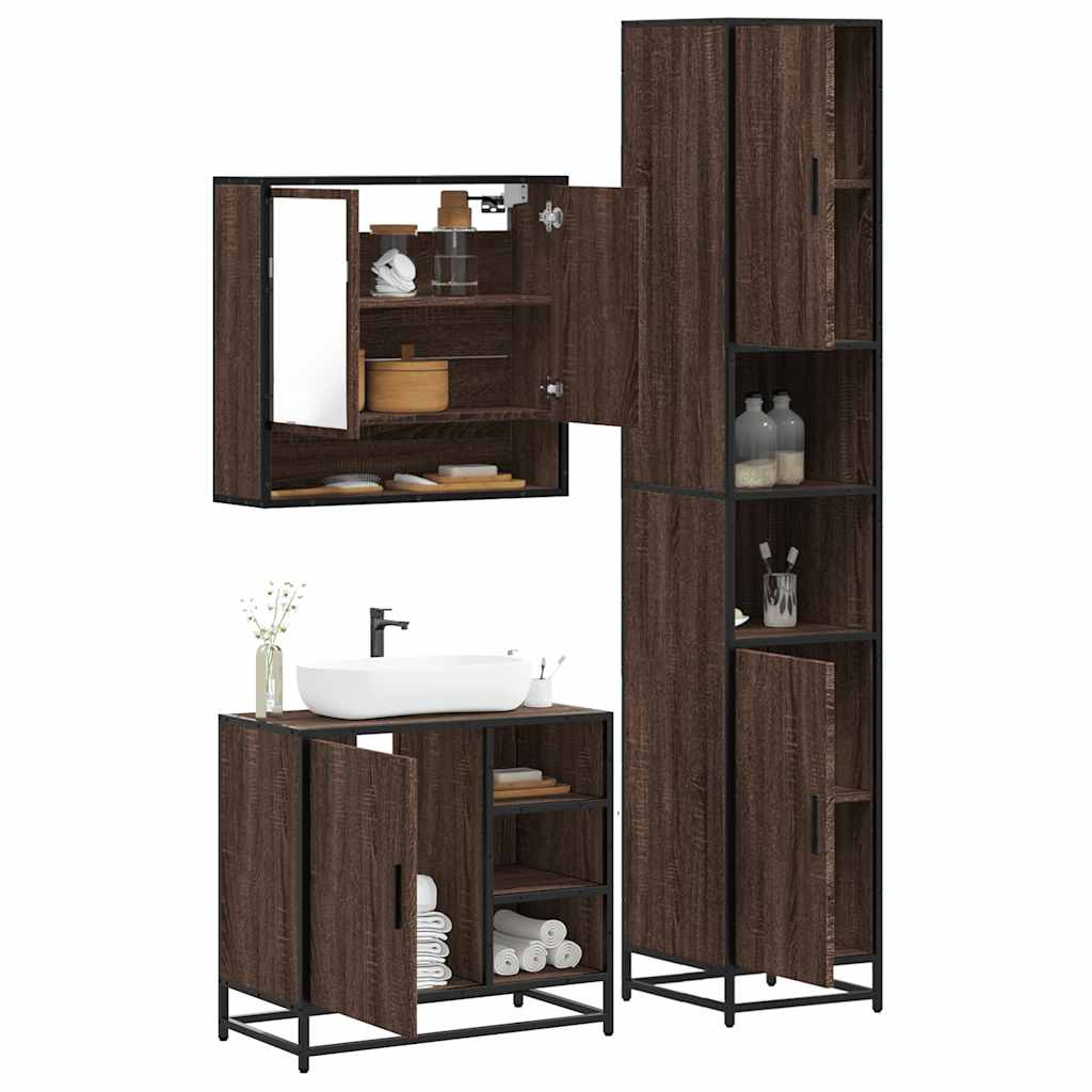 3 Piece Bathroom Furniture Set Brown Oak Engineered Wood