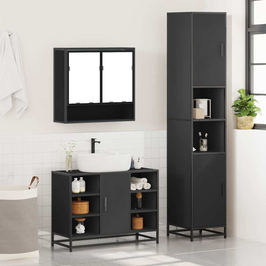 3 Piece Bathroom Furniture Set Black Engineered Wood