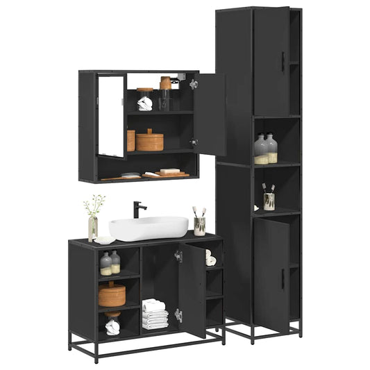 3 Piece Bathroom Furniture Set Black Engineered Wood