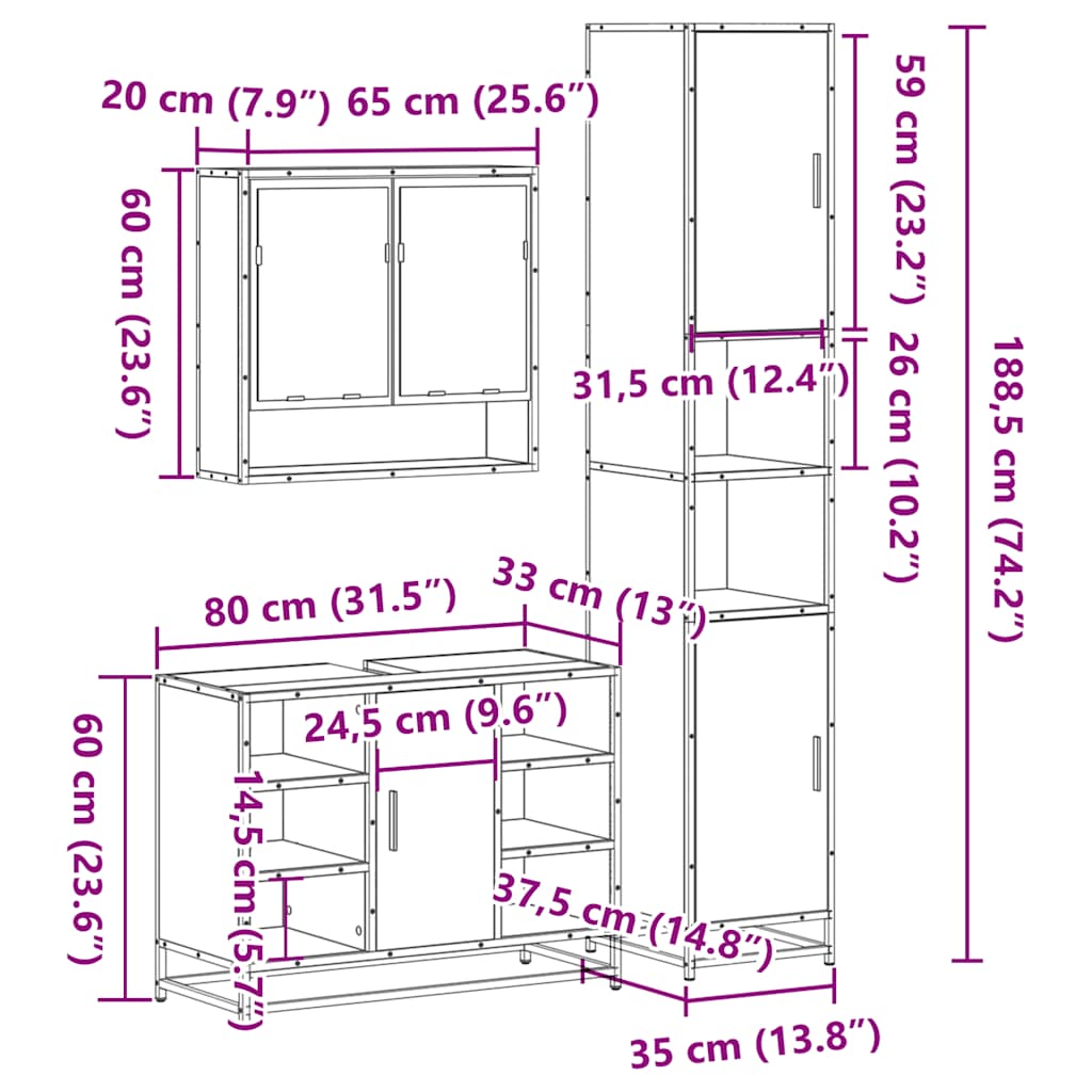 3 Piece Bathroom Furniture Set Sonoma Oak Engineered Wood