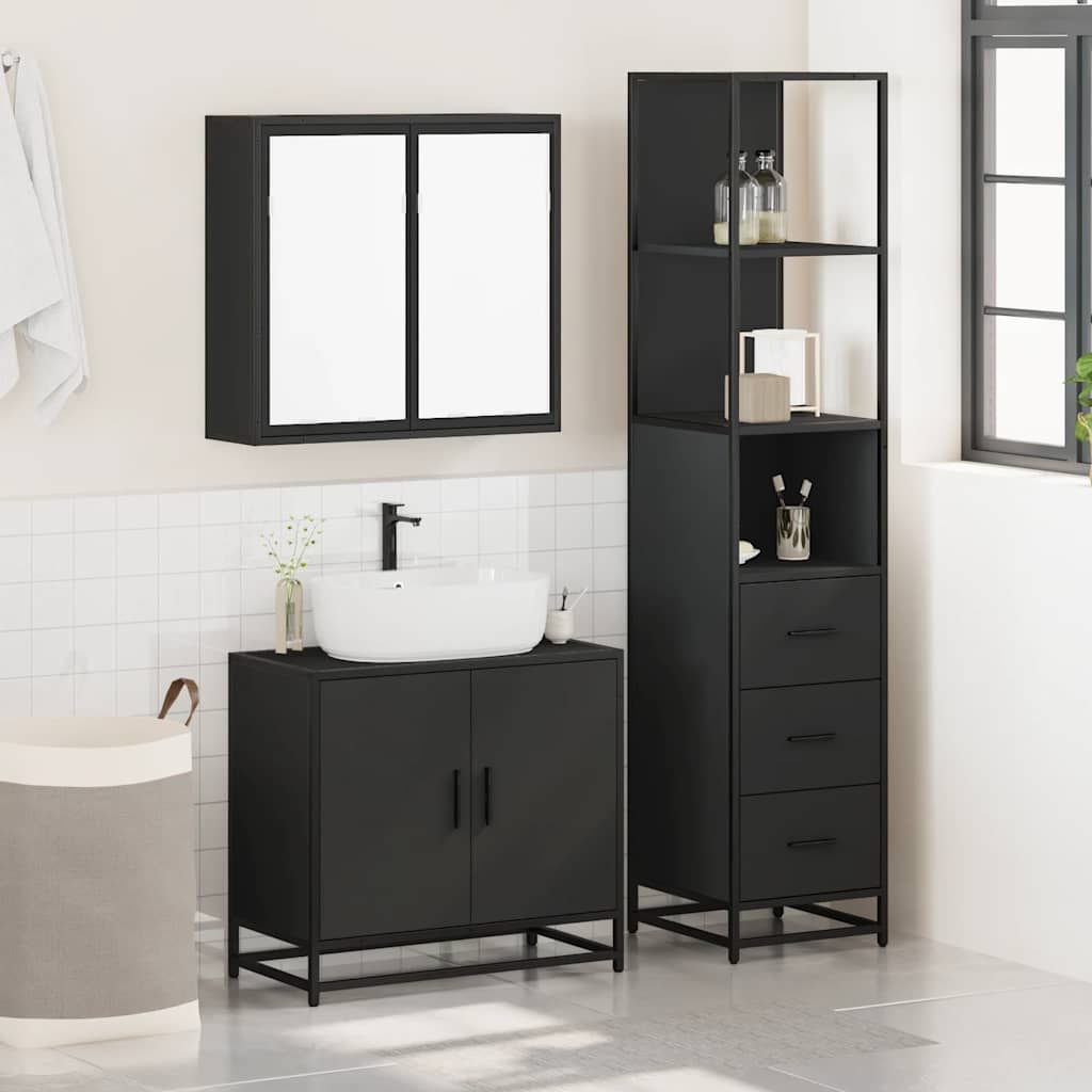 3 Piece Bathroom Furniture Set Black Engineered Wood