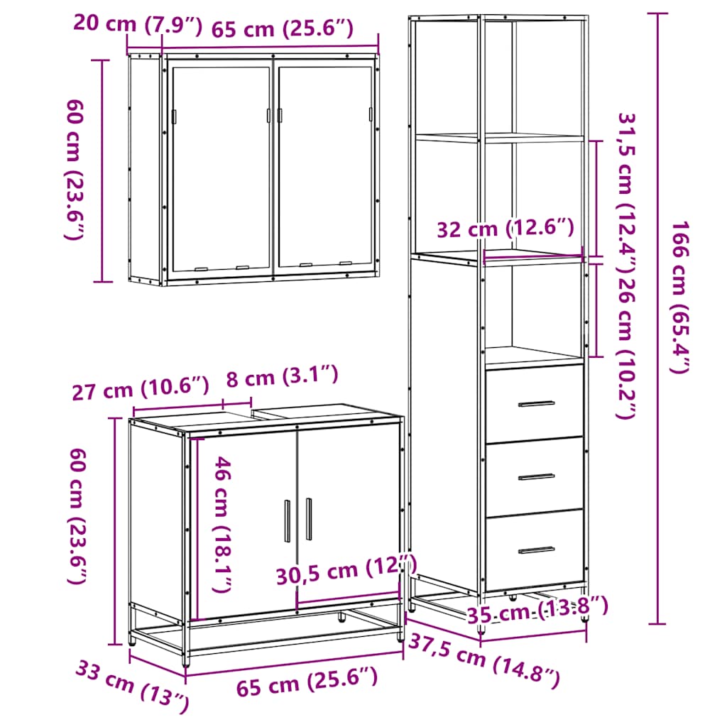 3 Piece Bathroom Furniture Set Smoked Oak Engineered Wood