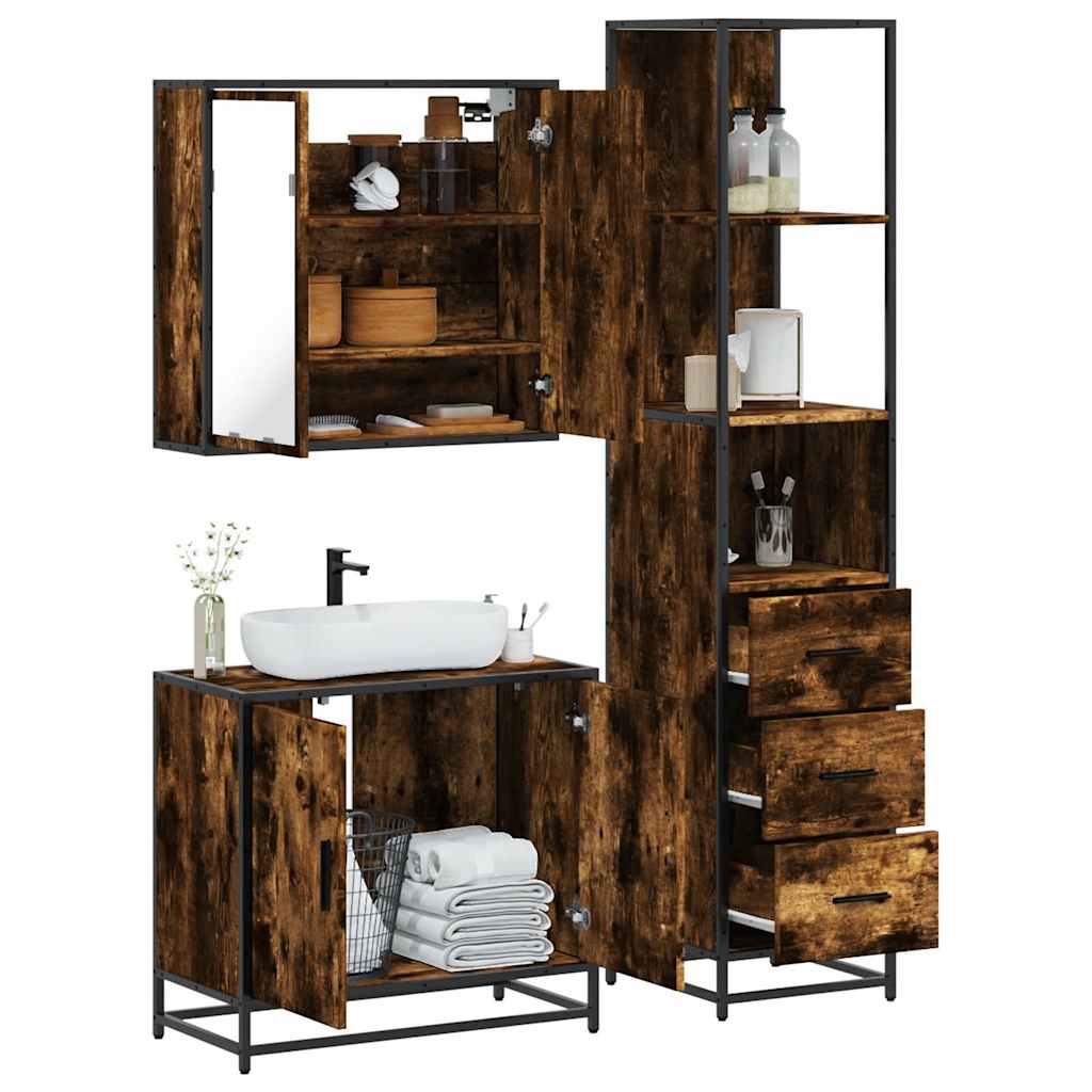 3 Piece Bathroom Furniture Set Smoked Oak Engineered Wood