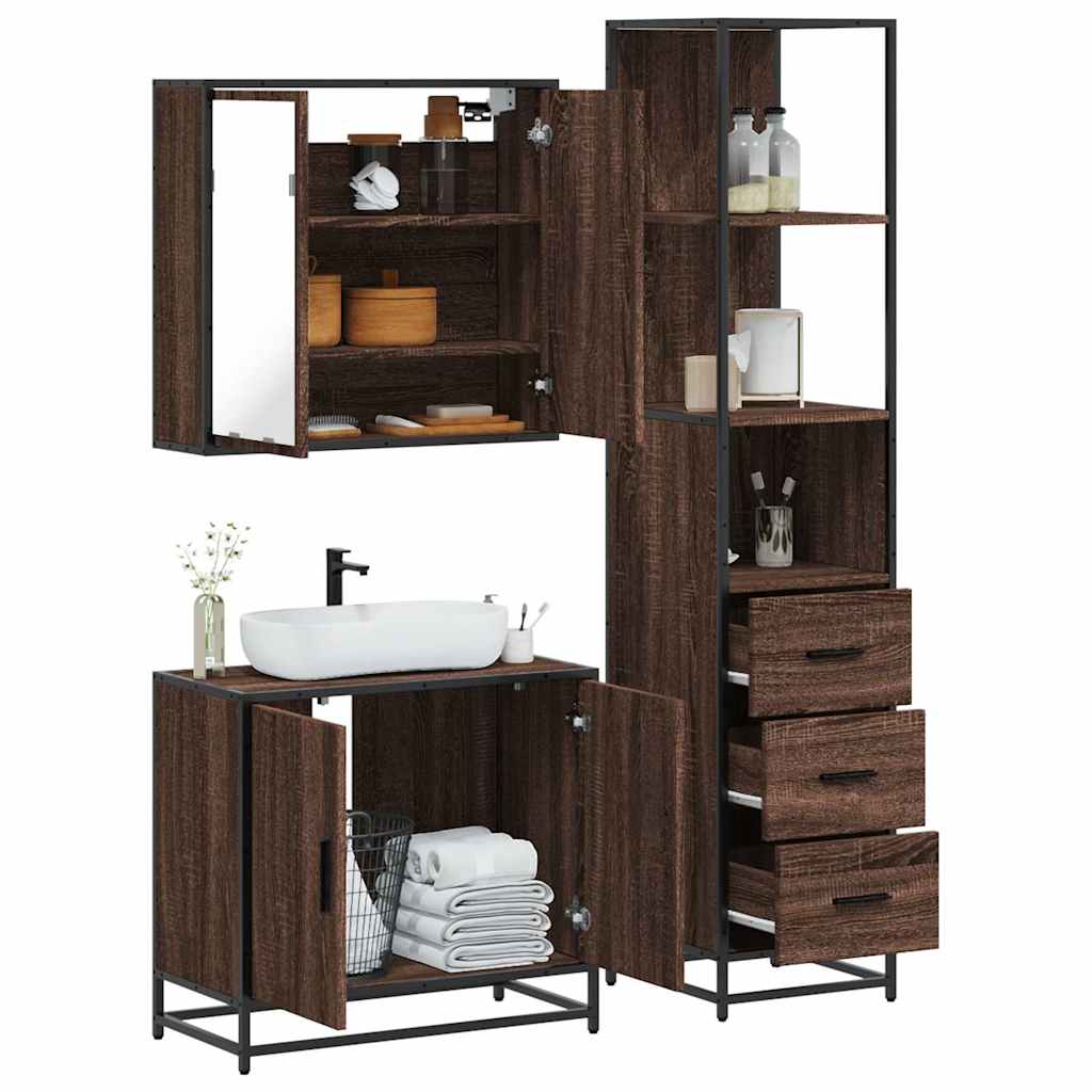 3 Piece Bathroom Furniture Set Brown Oak Engineered Wood