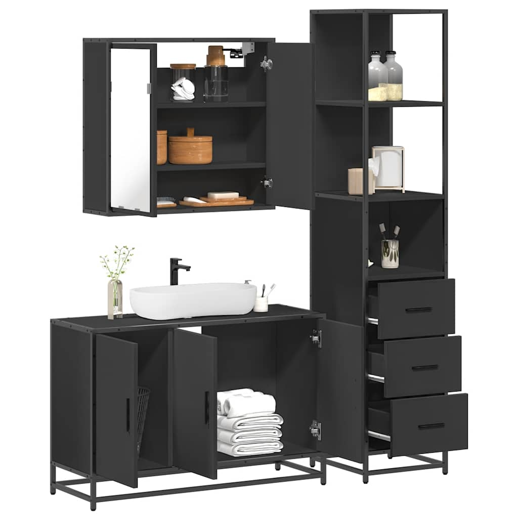 3 Piece Bathroom Furniture Set Black Engineered Wood