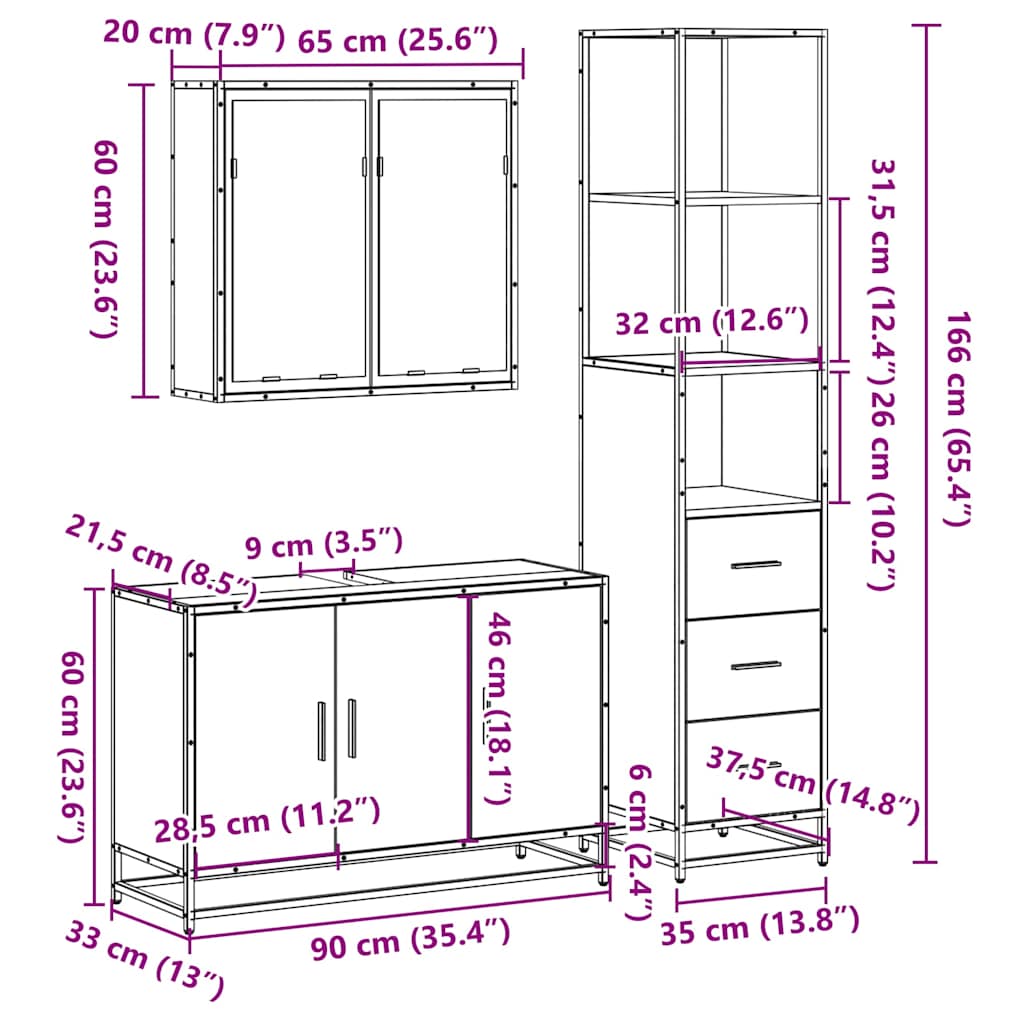 3 Piece Bathroom Furniture Set Sonoma Oak Engineered Wood