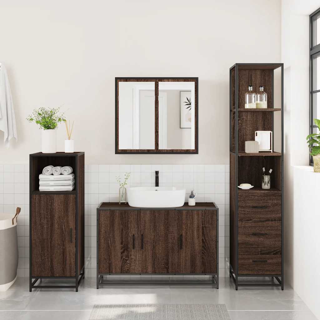 3 Piece Bathroom Furniture Set Brown Oak Engineered Wood