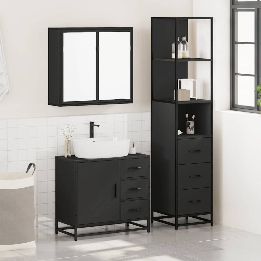 3 Piece Bathroom Furniture Set Black Engineered Wood