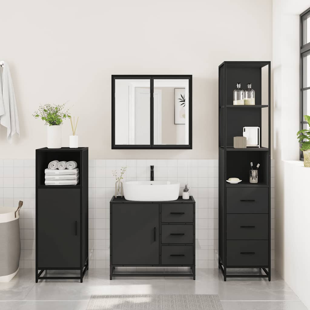 3 Piece Bathroom Furniture Set Black Engineered Wood