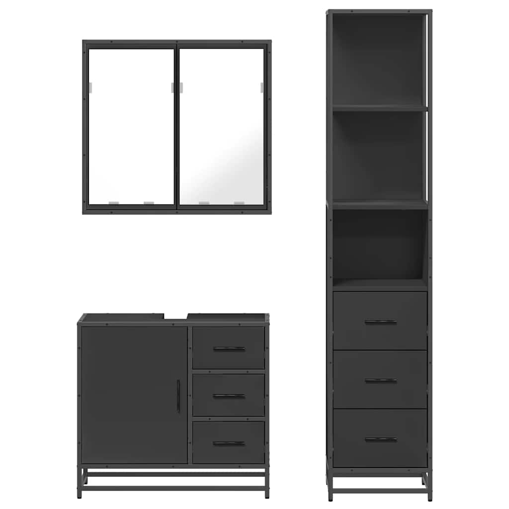 3 Piece Bathroom Furniture Set Black Engineered Wood