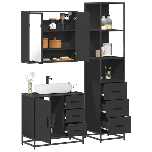 3 Piece Bathroom Furniture Set Black Engineered Wood