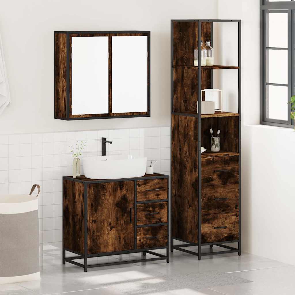 3 Piece Bathroom Furniture Set Smoked Oak Engineered Wood