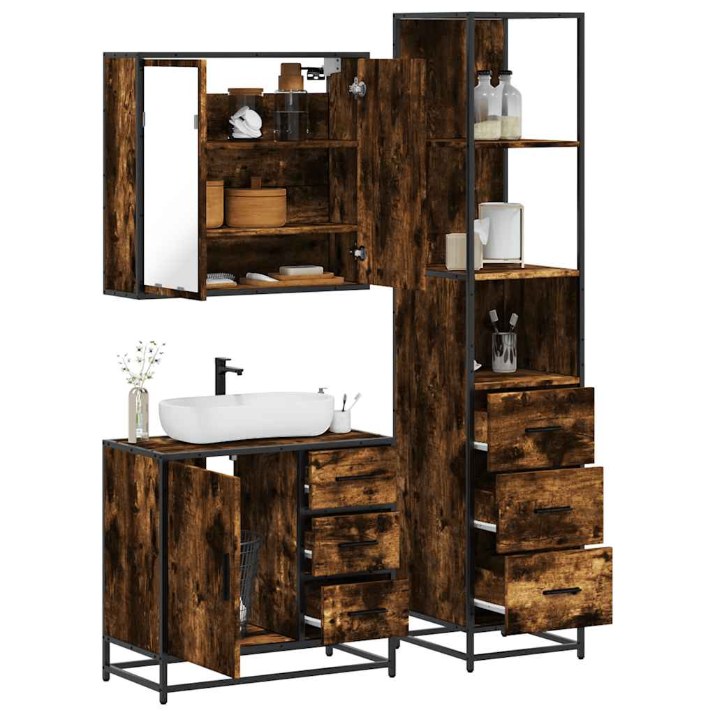 3 Piece Bathroom Furniture Set Smoked Oak Engineered Wood