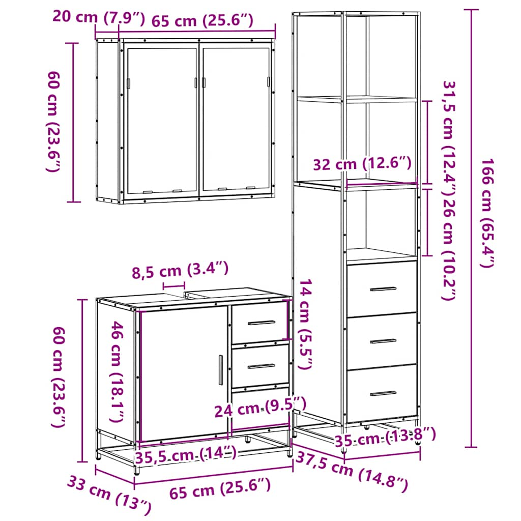 3 Piece Bathroom Furniture Set Brown Oak Engineered Wood