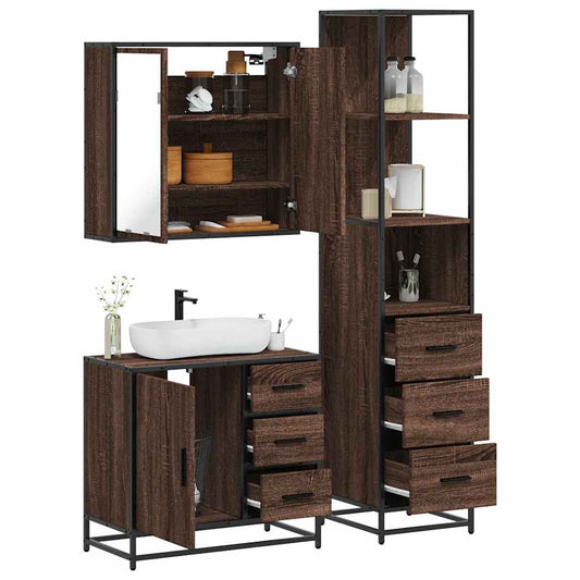 3 Piece Bathroom Furniture Set Brown Oak Engineered Wood